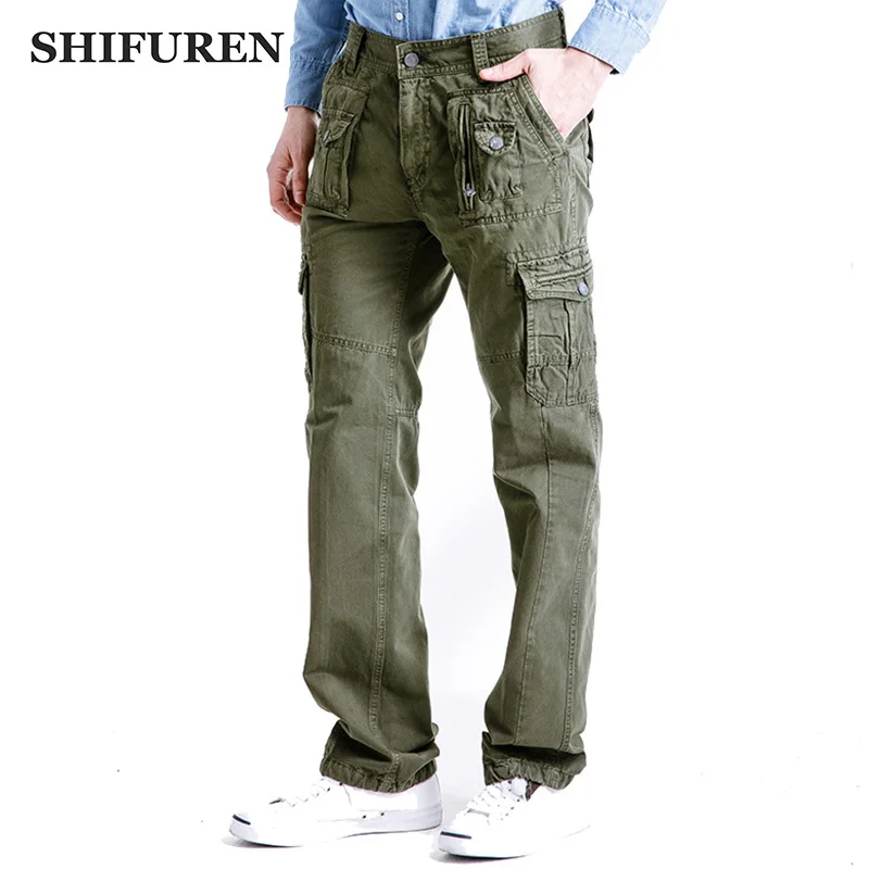 

SHIFUREN Baggy Cargo Pants Men Military Trousers Cotton Multi Pocket Loose Fit Male Causal Full Length Trousers Plus Size 29-40