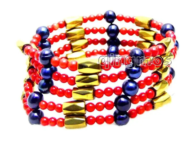 SALE 3-4mm Red Coral and 6-7mm Black Pearl & Gold Hematite Magnetic 29'' Bracelet -nec6069 Wholesale/retail Free ship