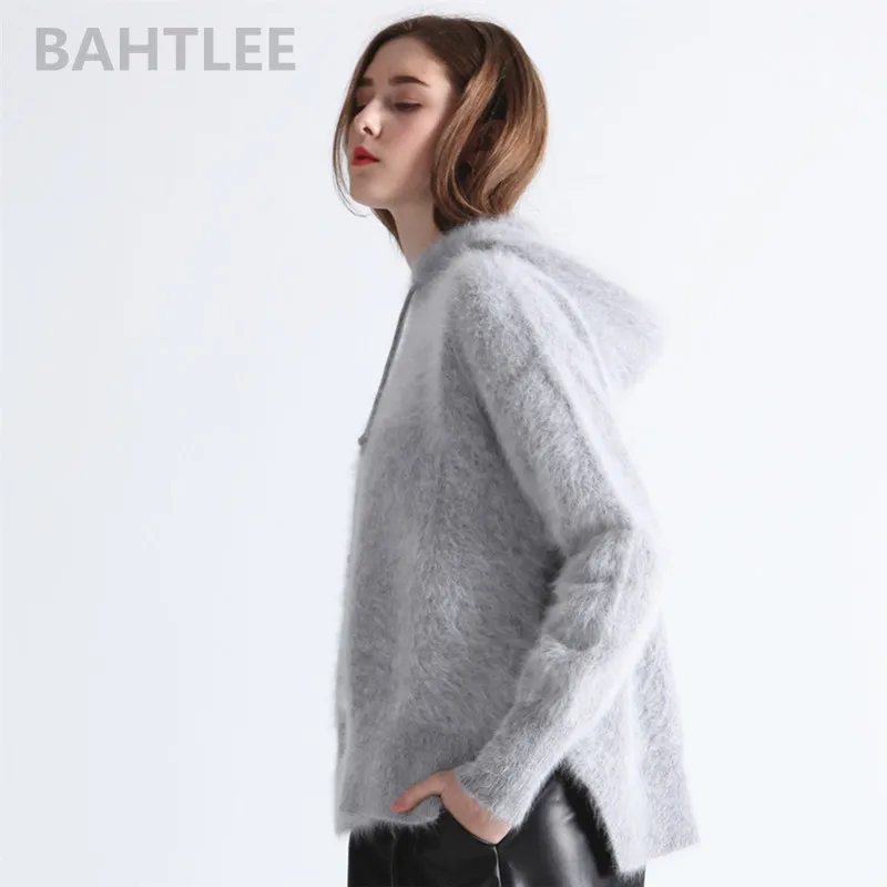 BAHTLEE-Women\'s Angora Knitted Pullover Sweater, Oversize Cap Jumper, Long Sleeves, Keep Warm, Loose, Stye Thick, Winter