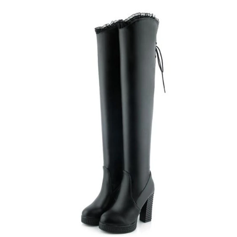 Autumn and winter New style grace Lace Over knee Boots fashion High-heeled black sexy Keep warm Women Boots plus size 34-43