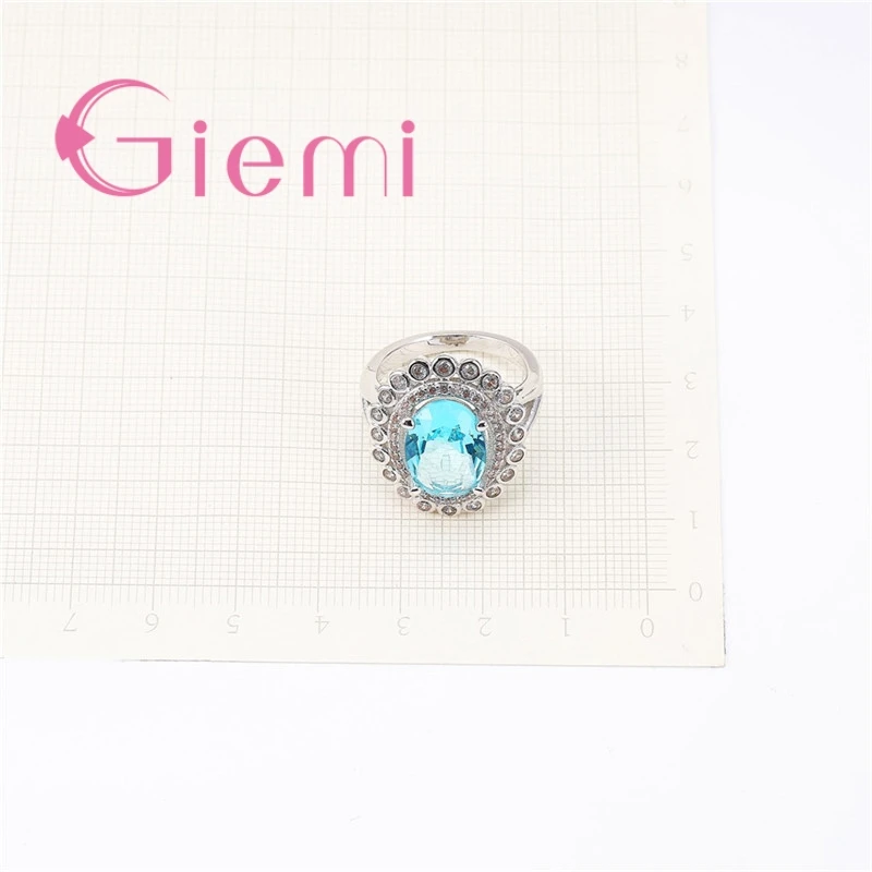 Flower Shape Blue Round Crystal Stone Ring for Women with Clothesand CZ Commemorative Accessories