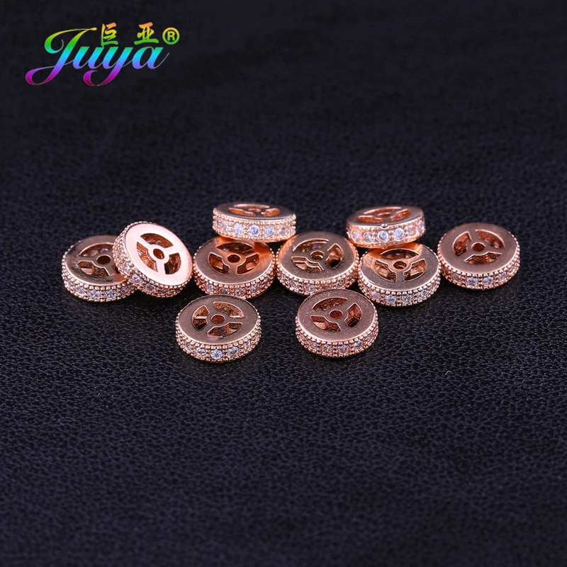 Juya 8pcs/Lot DIY Micro Pave Zircon 8mm Metal Spacer Charms Wheel Beads For Needlework Women Men Natural Stones Jewelry Making