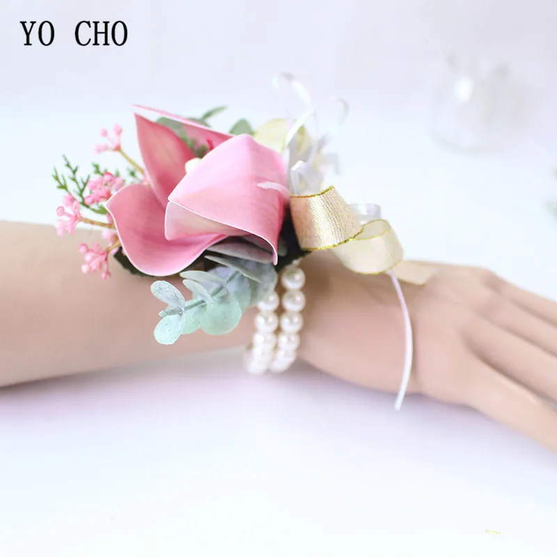 YO CHO Groom Men Boutonniere White Magnolia Brooch Plant Corsage and Diamond Pearl Bride Wrist Flowers Wedding Decor Silk Flower