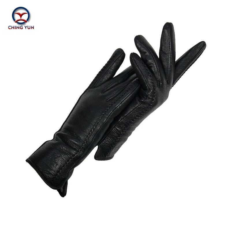 

CHINGYUN 2019 New Women's Gloves Genuine Leather Buckskin Gloves Winter Woman Soft Female Warm Lining Balck laciness Mittens