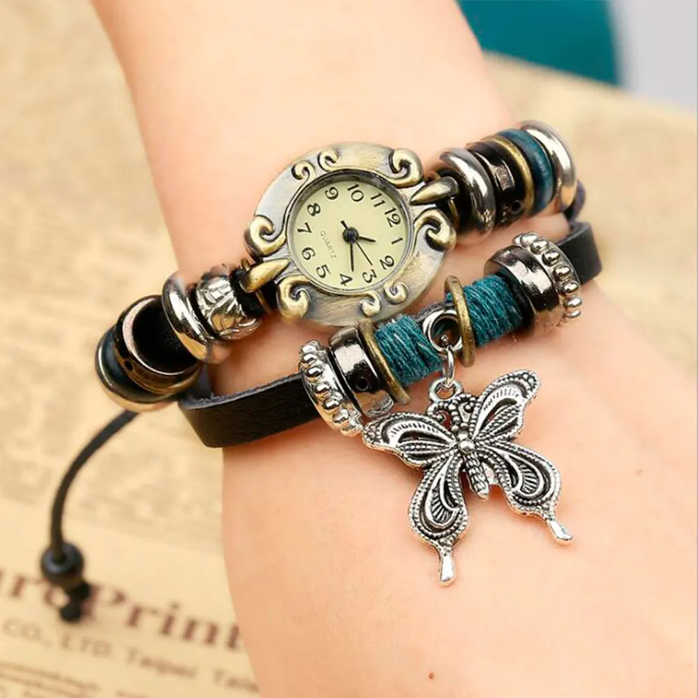 Handmade Butterfly Beads Bracelet Quartz Watch Clock Women Man Lovers Vintage Retro Bracelet Leather Strap Bracelets Dress Watch