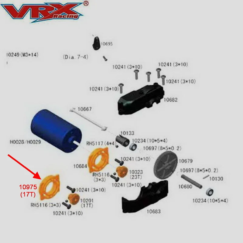 Asiento fijo de Motor mejorado 17T 10975(AL) para piezas de juguetes de Control remoto de coche de carreras VRX RC, ajuste RH1043/1045 diseño de eje trasero desierto