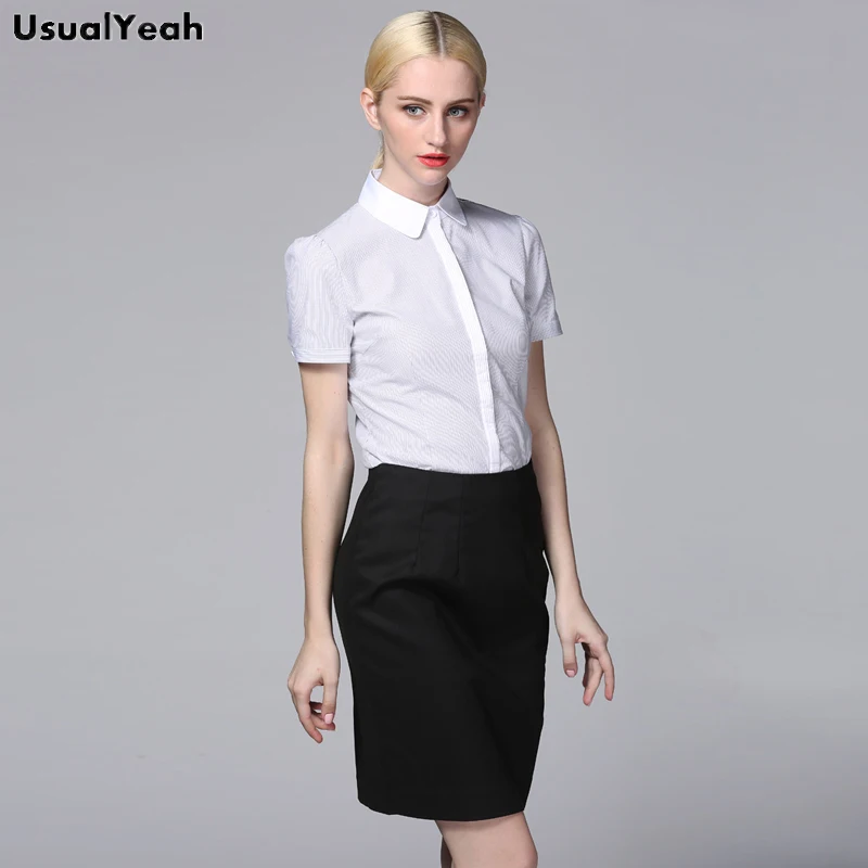 UsualYeah New Women Formal Short sleeve Body Shirt blusas femininas Plus size Office Ladies Turn-down blouses shirts Bodysuit White Striped