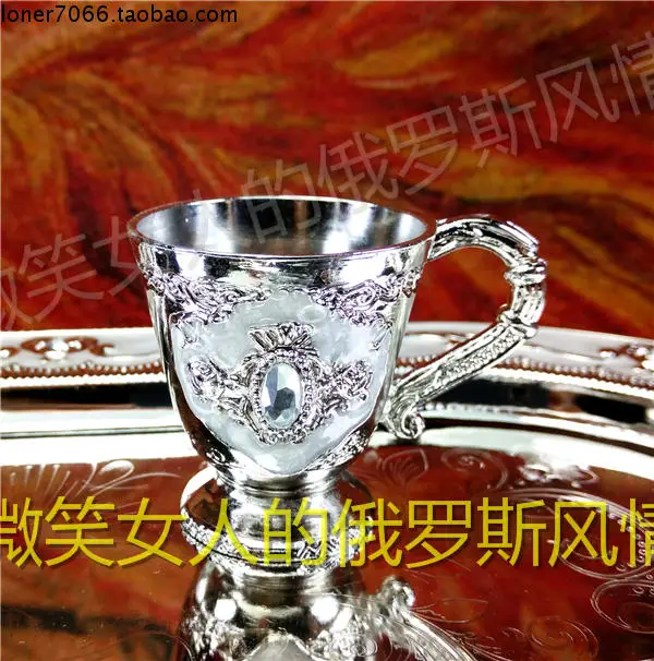 wedding decoration 61-13 Russian Tin Metal Handle Wine Cup Small Size Silver Edge White Bored Diamond Capacity Half-225 ml