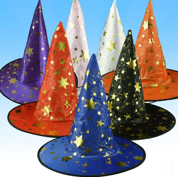 Witch Pointed Cap Colorful Star Print Halloween Costume Party Hats Women Men Halloween Costume Accessory Devil Cap