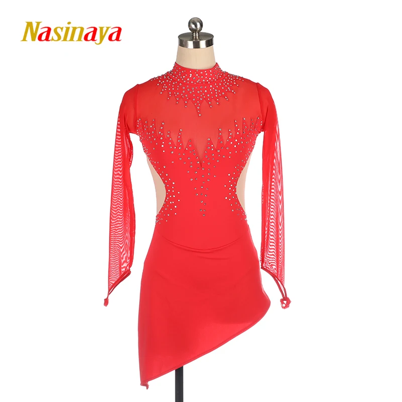 Red Dress Figure Skating Competition Women's Long Sleeved Dress Customized Children's Dance Art Performance Clothes