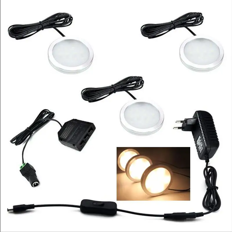 

3PCS/Lot Under Cabinet LED Puck Lamp With Switch Kit 12V US/EU/UK Adapter for Kitchen Counter Closet Accent Lighting