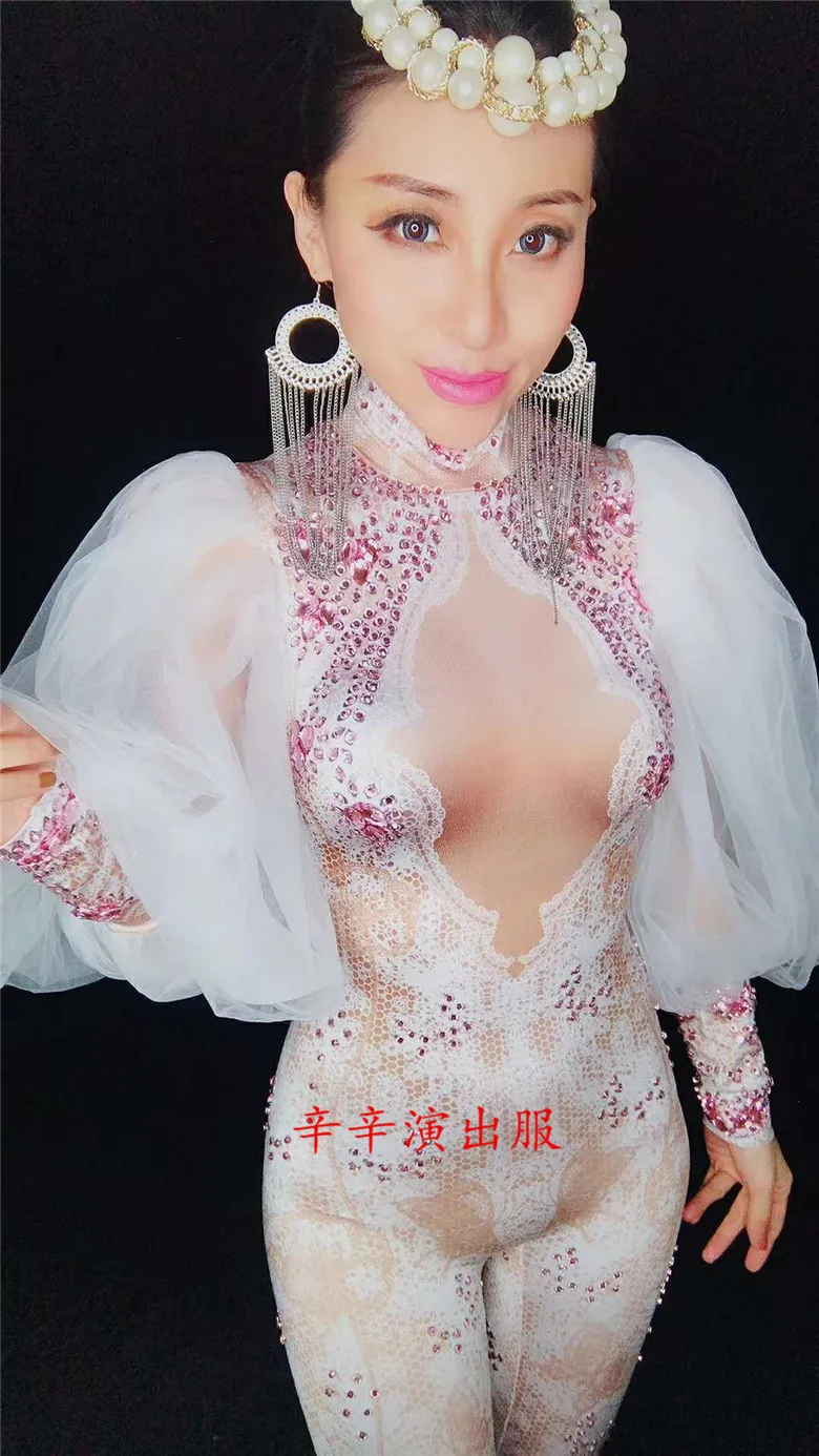 Ds White Lace Nude Rhinestone Jumpsuit Female Singer Sexy Stage Wear Bodysuit One-piece Costume Glisten Stones Stretch Outfit