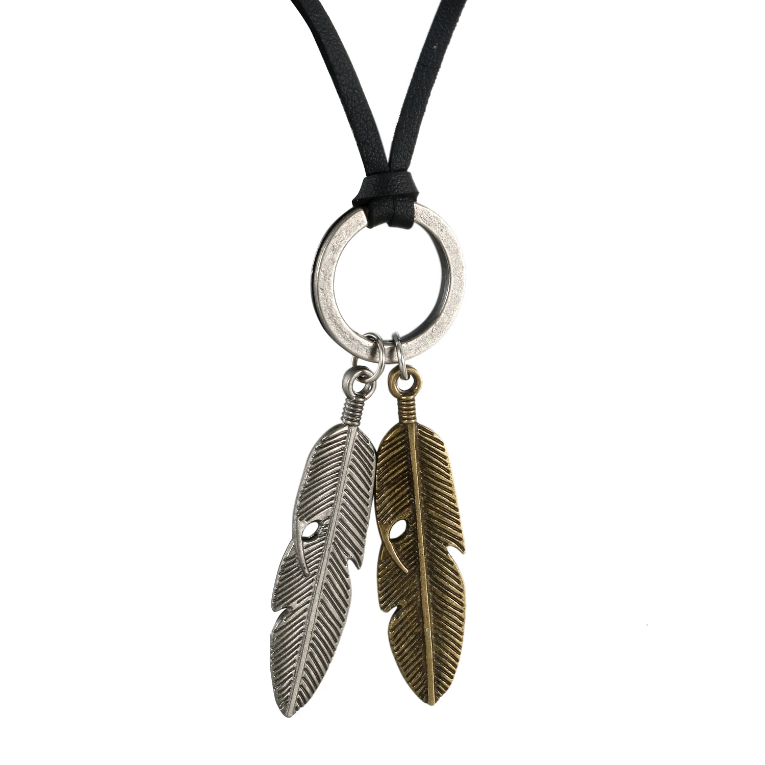 BONISKISS New Trendy Antique Bronze Angel Feather Leather Cord Mens Necklace Chain, Gold Silver Color  Brown Cool Gift