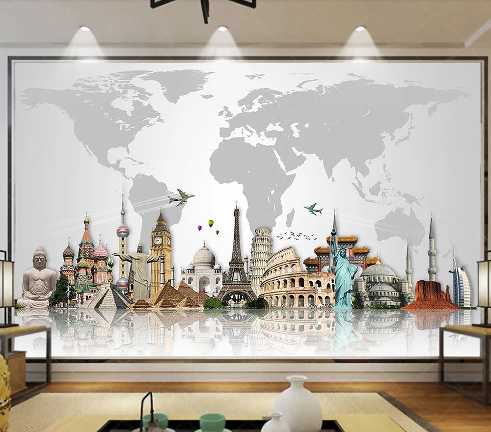 

Decorative wallpaper World famous architecture map background wall painting