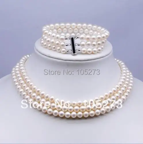 

New Arrive Chirstmas Jewellery ! 3Rows AA 5-6MM White Color Genuine Freshwater Pearls Necklace & Bracelet Jewelry Set Hot Sale