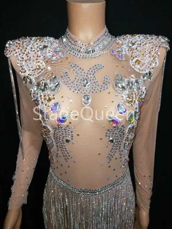 Fashion Shining Grote Kristallen Mesh Bodysuit Sparkly Strass Kettingen Franjes Outfit Nachtclub Party Wear See Through Kostuum