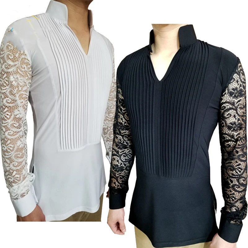 Ballroom Latin Dance Shirts Male Black Long Sleeve V Collar Shirt Men Samba Rumba Cha Cha Dancing Tops Performance Wear N7026