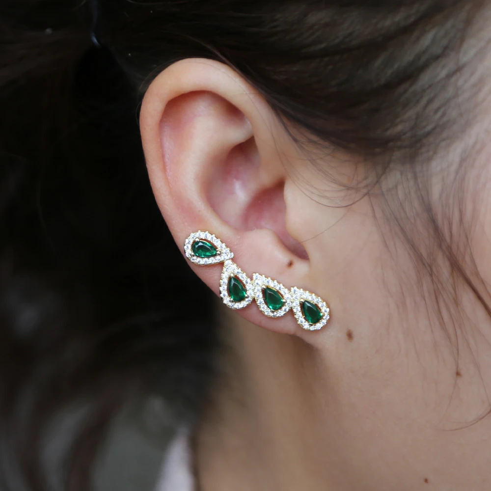 Bling AAA Green Cz Stone Long Ear Climber Stud Earring For Women Romantic Wedding Gift Fashion Teardrop Cubic Zirconia Jewelry