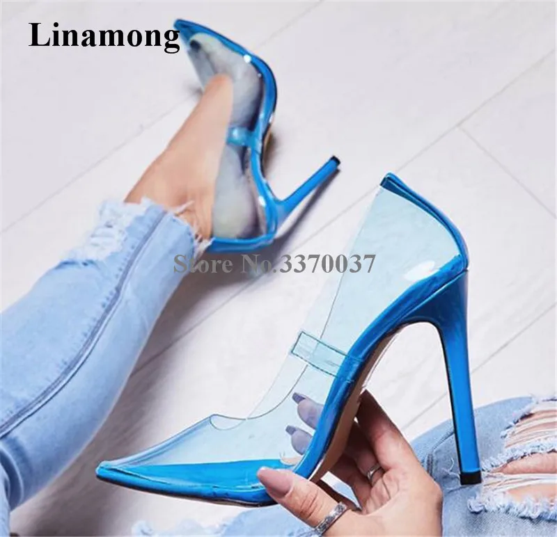 Newest Women Sexy Pointed Toe PVC Blue Yellow Pink Thin Heel Pumps Transparent Candy Colors High Heels Club Shoes Wedding Shoes