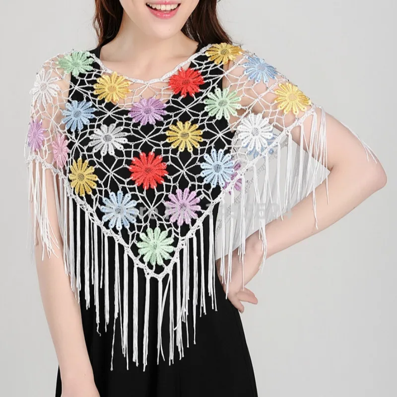 2017 Mùa Hè Mũi Phụ Nữ Cánh Dơi Mẫu Hoa Hollow Out Tay Tua Khâu Đột Xuất Poncho Shawl Kem Chống Nắng Choàng