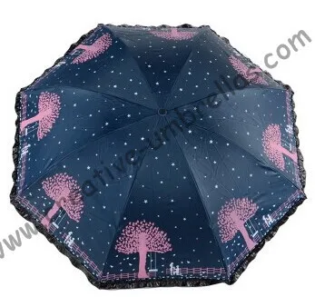 Parasol d'été à trois plis pour femmes, à franges de laçage, ouvert à la main, coupe-vent, sac de protection UV, revêtement noir, commande mixte OK