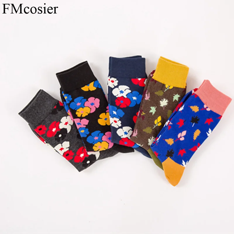 5 par nowość jesień zima moda bawełna sztuka szczęśliwe skarpetki dla mężczyzn kwiaty kolorowe Meia Sokken Socken mokasyny Sox Lot