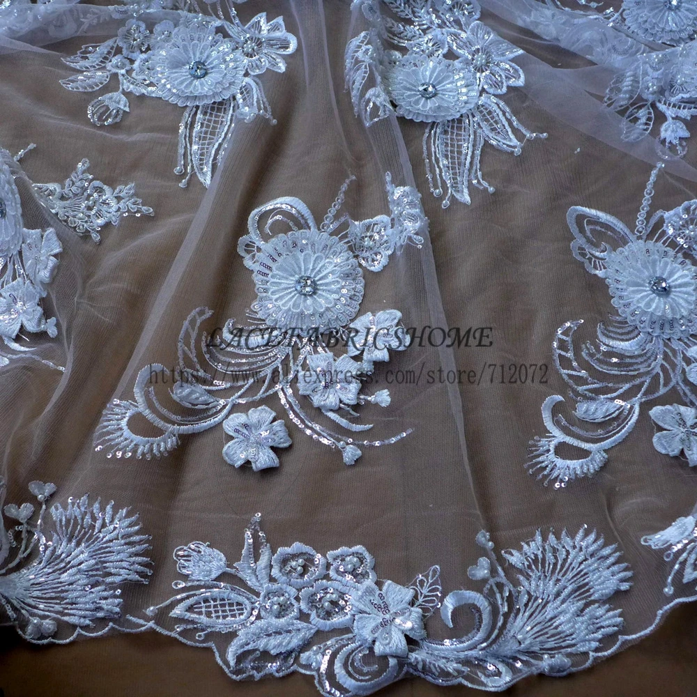 

La Belleza 1 yard Off whtie 3D flowers beadED wedding dress lace fabric