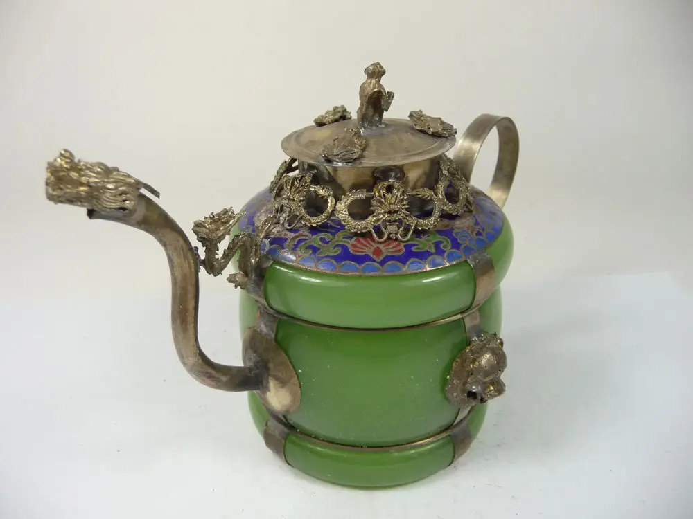 Collectible old china handwork superb jade teapot armored dragon lion monkey lid decoration metal handicraft