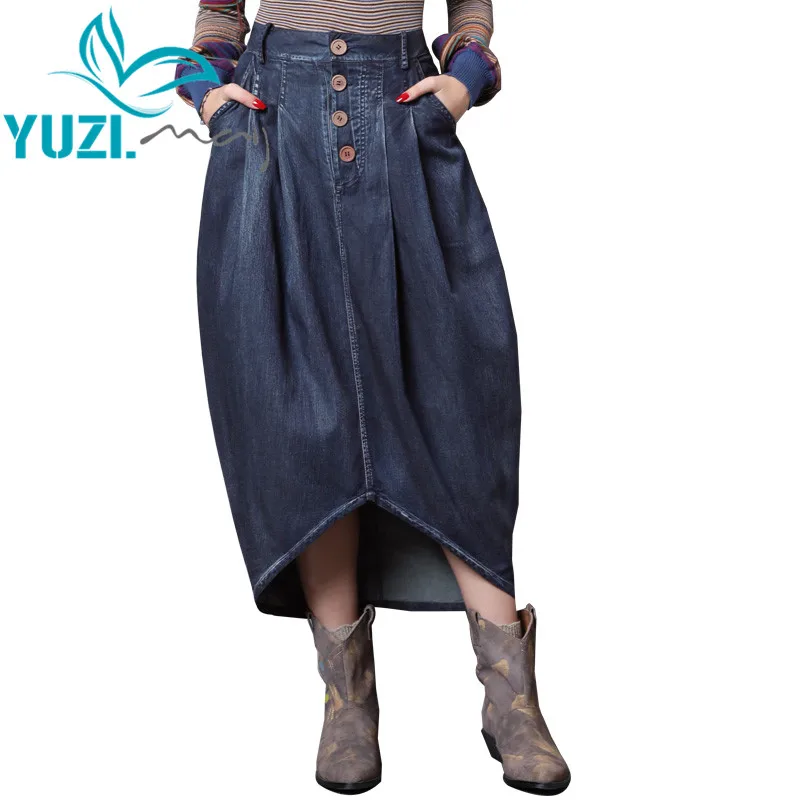 

Skirts Womens 2018 Yuzi.may Boho New Denim Skirt Asymmetrical Hem All-match Middle Waist Saia Feminina X2225 Long Saias