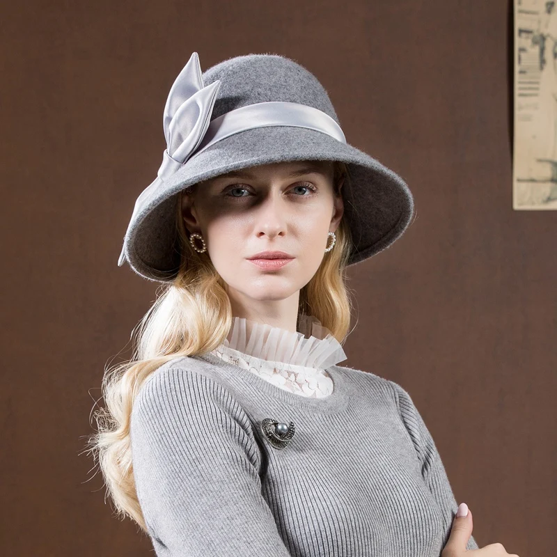 Lady Fedoras Wool Hat Girls Autumn Winter Dome Cap Female British Grey Wool Top Hat Winter Fashion Elegant Hat Adjust  A19