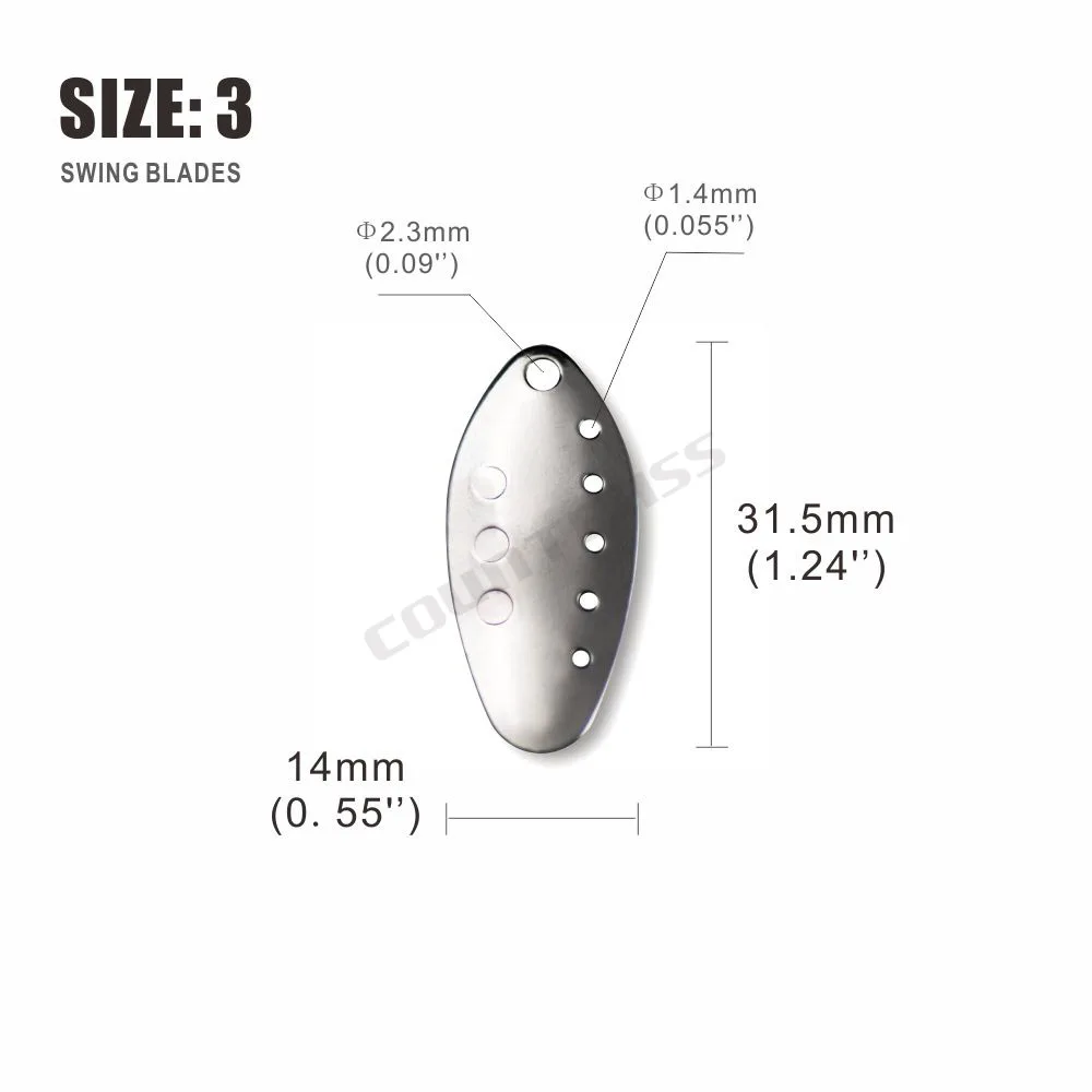 COUNTBASS Size 3 31.5*14,50pcs Nickel Steel Swing Spinner Blades Multihole Pattern,DIY Trout Pike Fishing Lures, Tackle Craft