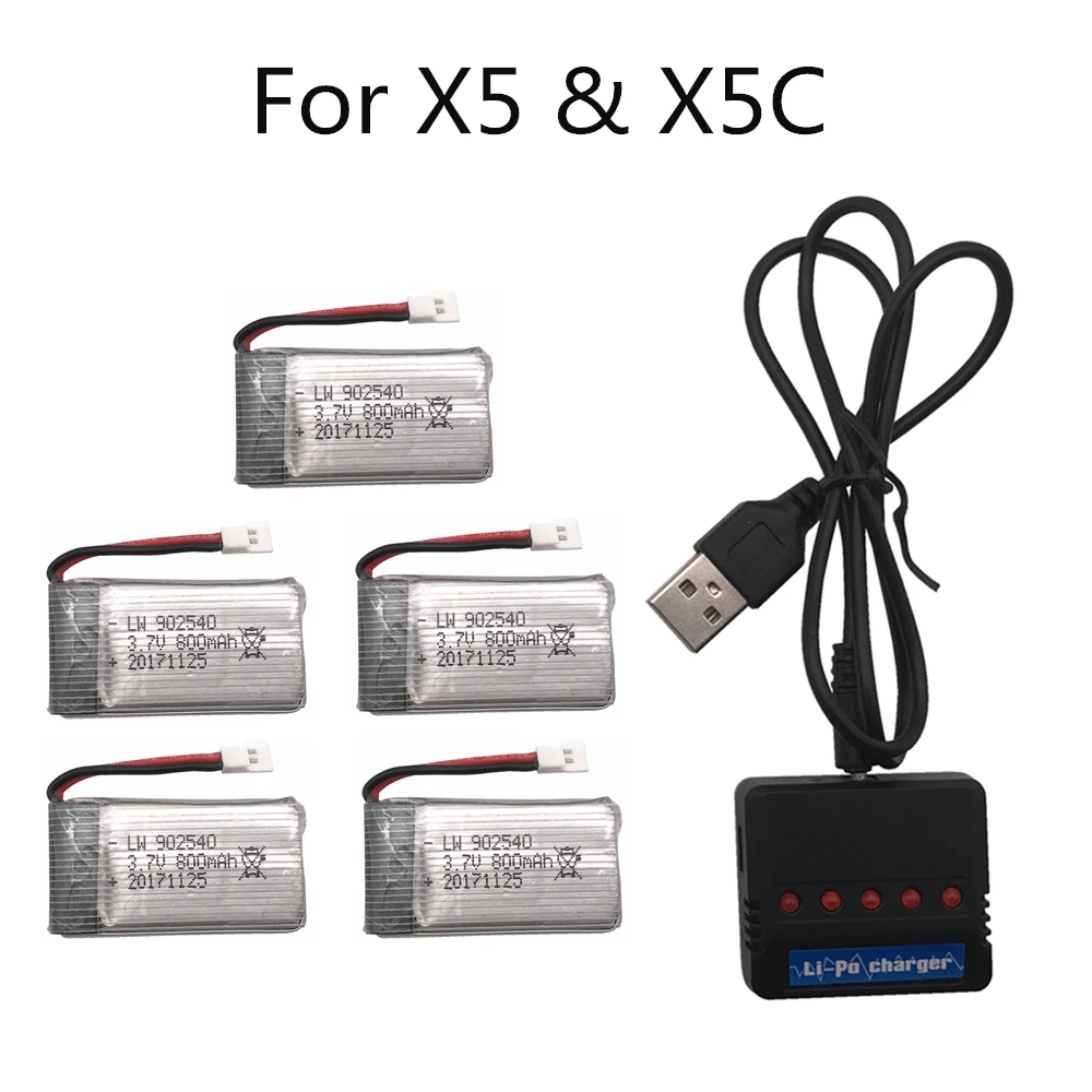 Limskey 800mAh 3.7V LiPo Battery + USB Charger for SYMA X5C X5 X5SW X5HW X5HC RC Drone Quadcopter 800 mAh Spare Battery Parts