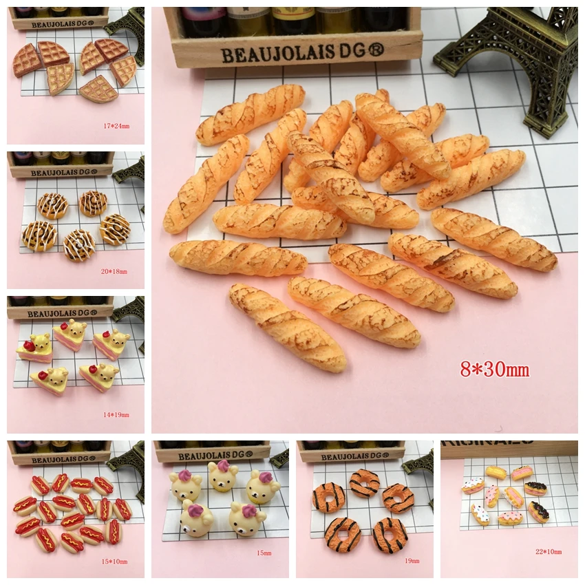 10pcs Resin Miniature Bread, Resin Flat Back Cabochon for Phone Decoration, Scrapbooking, DIY, Crafts Making