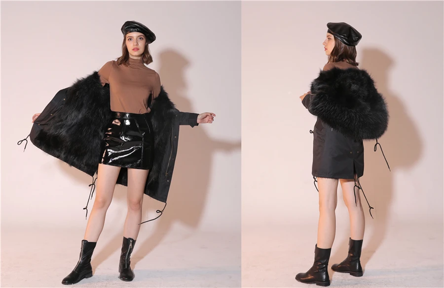 Echter Pelzmantel Winterjacke Damen Langer Parka Wasserdicht Großer Natürlicher Waschbärpelzkragen Kapuze Dick Warm Echter Fuchspelz-Futtermantel – Detail 17