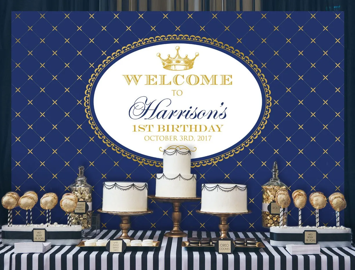 custom royal blue prince boy golden crown birthday backdrop  High quality Computer print party photography backgrounds