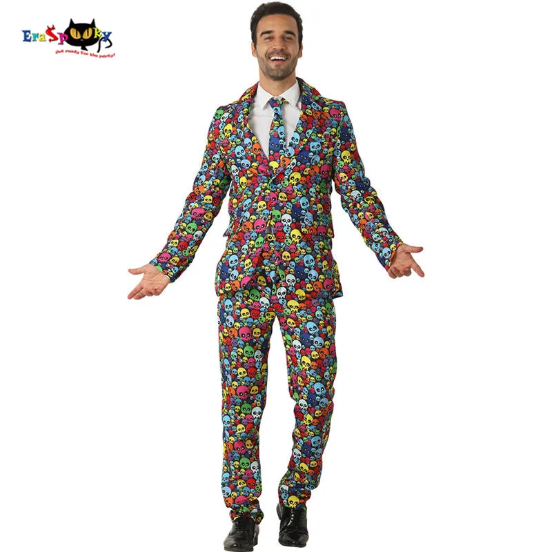 Eraspooky-Blazer à Imprimés de Modules Multicolores pour Homme, Costume d'Halloween, Coupe Cintrée, Costumes de ixde Carnaval, Cravate, pour Adultes