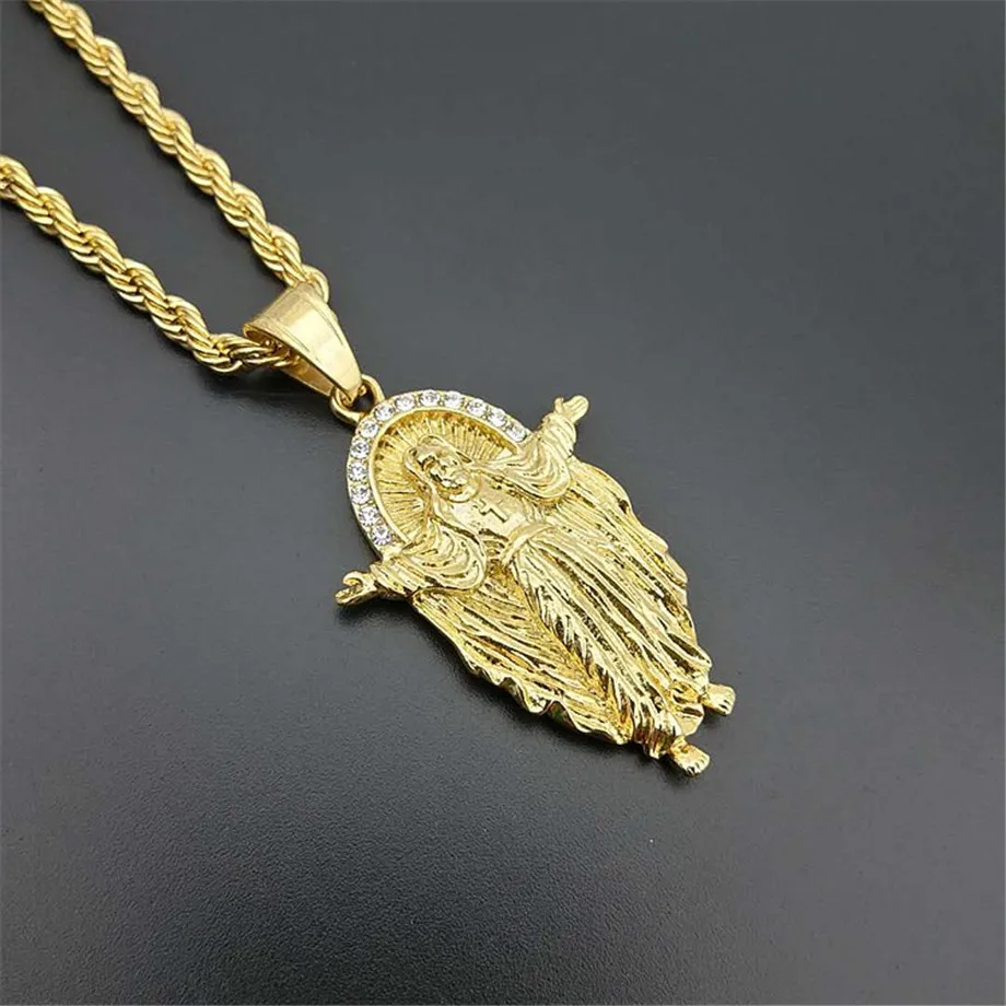 

Hip Hop Iced Out Jesus Crucifix Pendant Necklace For Men Gold Color Stainless Steel Chain Cubic Zirconia Bling Christian Jewelry