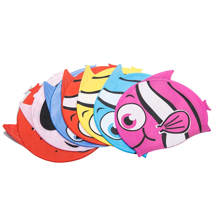 2pcs pack Child swimming cap print silica gel swim cap waterproof ear small fish swimming cap (2pcs/pack-random color)