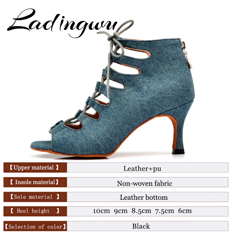 Ladingwu Latin dance shoes Women Denim Blue Dance boots wide thin high heel 10-6cm Salsa Performance Ballroom Dance Shoes