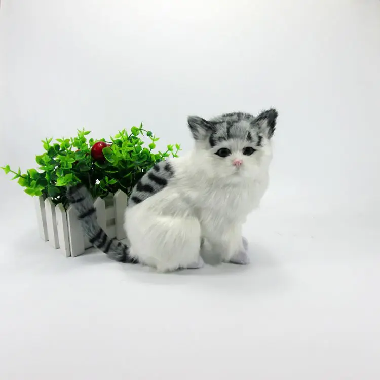 

about 18x13CM gray&white squatting cat model, polyethylene&furs handicraft Figurines home decoration toy a2724