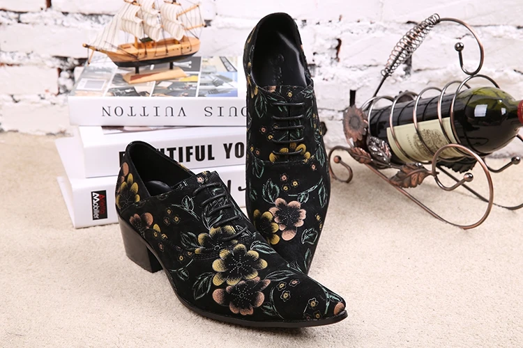 Italian mens shoes brands pointed toe dress shoes flowers printing genuine leather wedding shoes high heels designer shoes men