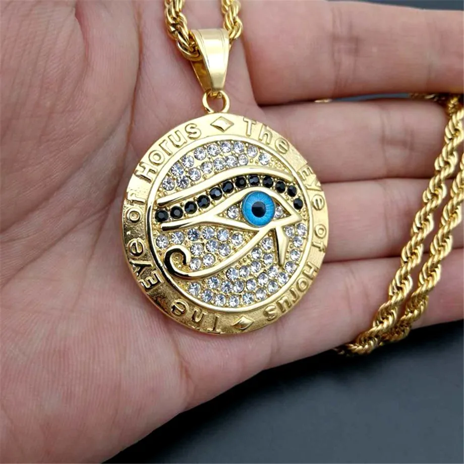 Egyptian Eye of Horus Necklace Pendant & Chain For Men Women Gold Color Stainless Steel Round Hiphop Ancient Egypt Jewelry N1238