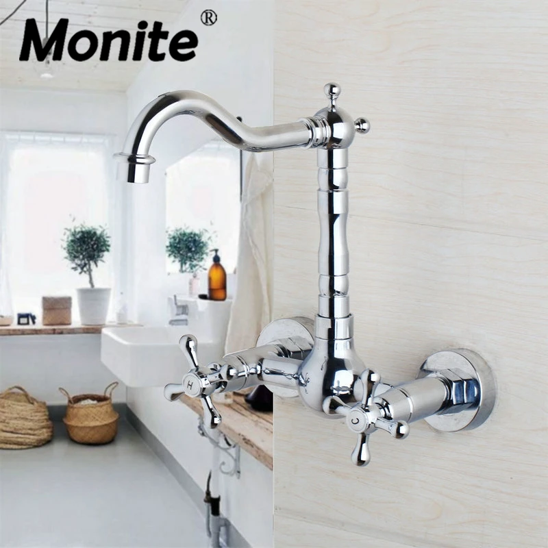 

Monite 360 Swivel Wall Mounted Chrome Brass Bathroom Basin Faucet Vanity Sink Mixer Tap 2 Handles 2 Holes Water Basin Mixer Tap
