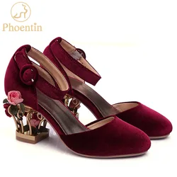 Phoentin ankle strap buckle wedding shoes women bird cage flower heel women's genuine leather shoes pumps velvet mary jane FT266