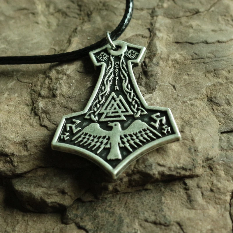 lanseis10pc Black Pewter Cross & Symbols Thors Hammer Pendant - Viking Norse God (Mjolnir)