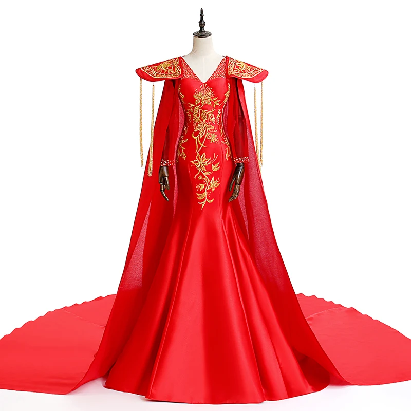 

luxury red with embroidery beading mermaid dress with long cloak coronation train rococo court Gown queen Victoria drama gown