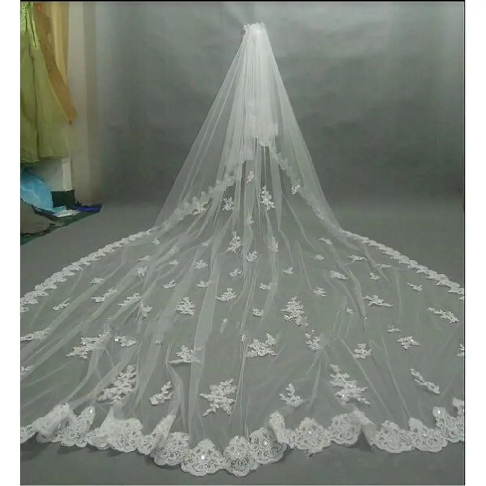 Gorgeous 3m Lace Cathedral Wedding Veil With Sparkling Diamond Two Layer White/Ivory Bride Wedding Veil