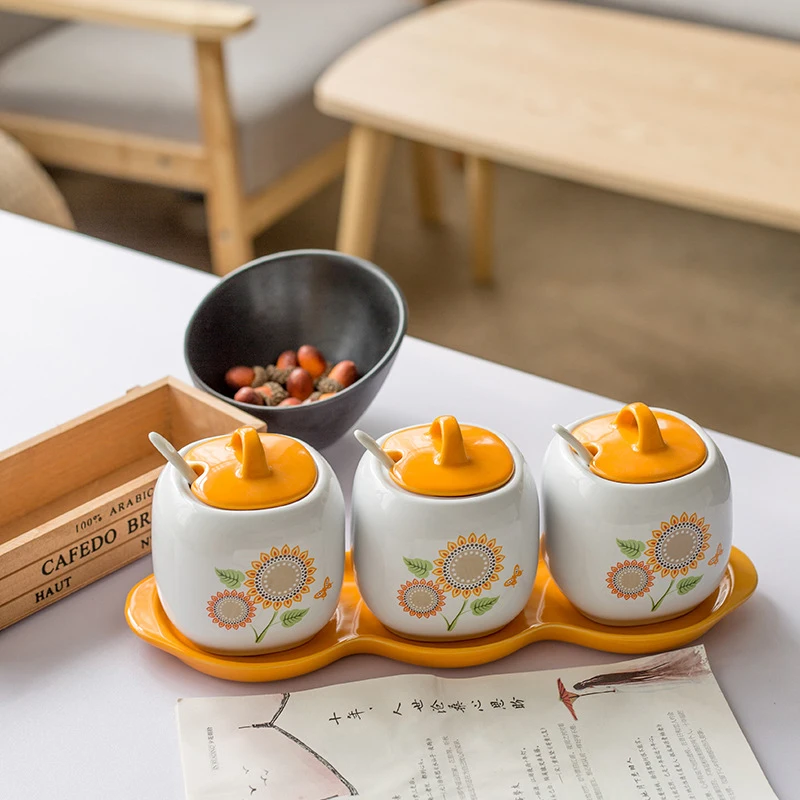 

Ceramic Spice Bottle Seasoning Can Set Storage Box Bowl With Lid Kitchenware Sugar Pot 3 Bowls With 1 Stand Spices Container Set