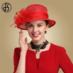 FS Royal Lady Fascinator czerwony kapelusz ślub Sinamay kościół kapelusze kwiaty damskie eleganckie Fedora z szerokim rondem Kentucky Derby na przyjęcie do czapki