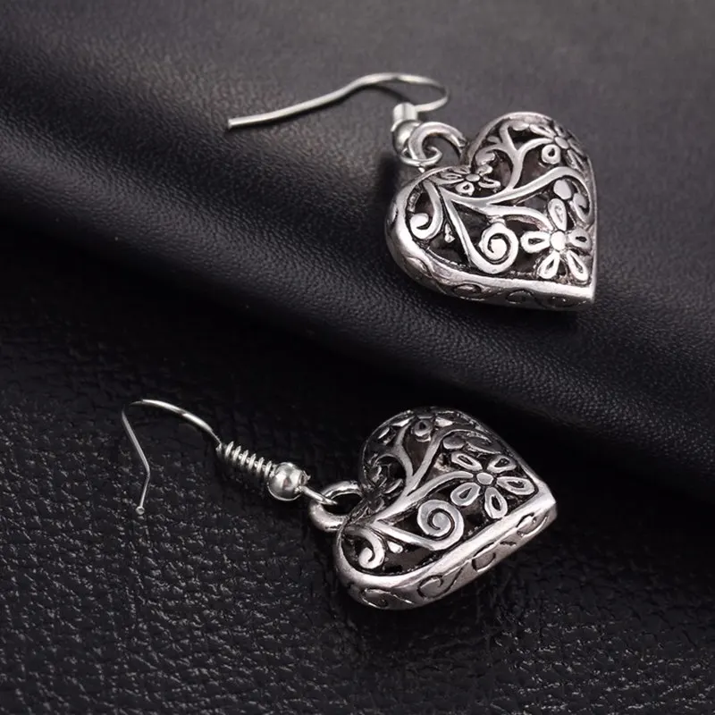 LUBOV Hollow Out Heart Drop Earring for Women Retro Vintage Flower Dangle Earrings Antique Tibetan Silver Jewelry New Arrival